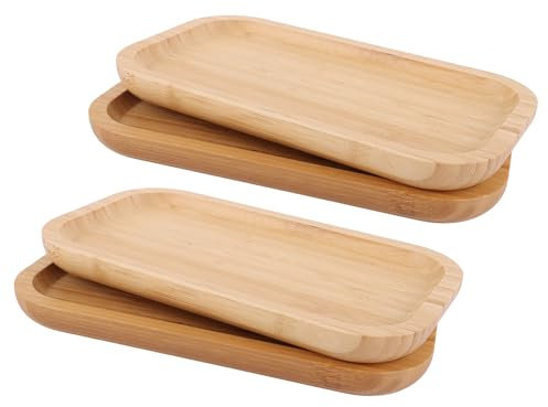 MUXHEL 4er-Set Bambus Tablett Rechteckige, 25 x 14 x 2cm Serviertablett Holz, Tablett Holz, Bambustablett, Bambus Untersetzer, Bamboo Tray für Untersetzer Tee Kaffee Kuchen