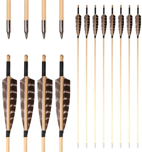PHILOCS 12 Piezas Tiro con Arco Cedar Flechas de Madera con Pluma de Pavo y Punta de Flecha de Práctica para Arcos de 25-70 Libras Tiro con Arco Práctica de Tiro Caza