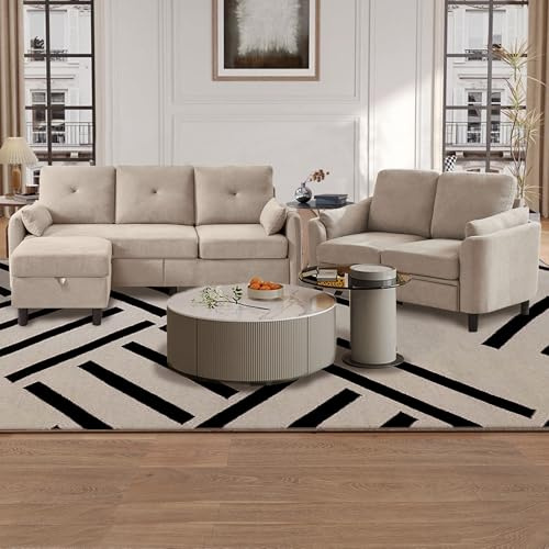 Portaforta Sectional Sofa Set, 77 Convertible Sofa and 59 Loveseat, Small 3 Seat L Shaped Couch with Storage Ottoman and Side Pockets, Modern Couch for Living Room, Office, Apartment, Beige
