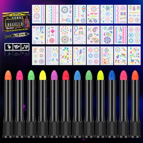Fentar 12 Colori Body Painting Neon UV Penne per Viso + 24 Tatuaggi Temporanei Rimovibili, Colori Fluorescenti Al Buio per Pelle, Trucco Lavabile per Feste Glow, Cosplay e Halloween