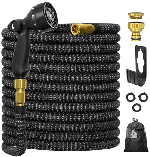 Ultty Tubo da Giardino Estensibile 15 m, Tubo Flessibile per Irrigazione con Pistola a Spruzzo 10 Funzioni, Anti-Piega, Raccordi in Metallo 3/4 e 1/2 per Giardino e Lavaggio Auto, Nero