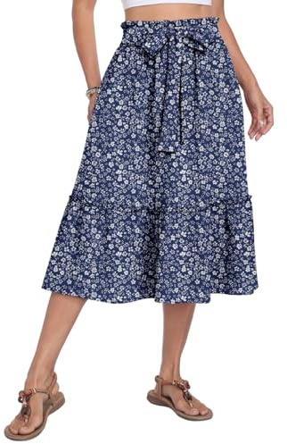 PrinStory kjol damer sommar midi lång A-linje kjol lätt boho midikjol med ficka dragsko kjol luftig