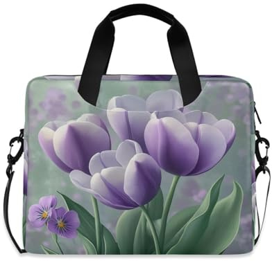 Datorfodral för bärbar dator bärbar crossbody messenger med handtag och axelrem 15,6 tum datorfodral med dragkedja gröna tulpaner violer blommor vår