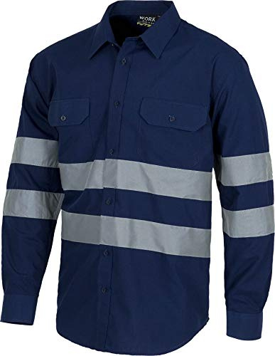 WORKTEAM Camisa de Trabajo Manga Larga con Cintas Reflectantes, Cuello Clásico, Bolsillos de Pecho y Cierre de Botones, Alta Visibilidad Tipo B3. Unisex Marino L