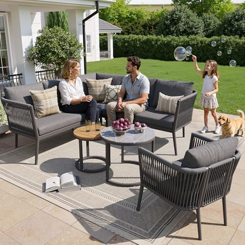Set di mobili da giardino per 5-6 persone, grande set di divano per esterni, 6 pezzi in corda con panca impermeabile e set di cuscini, divano angolare modulare per terrazza, balcone, grigio (grigio, 5