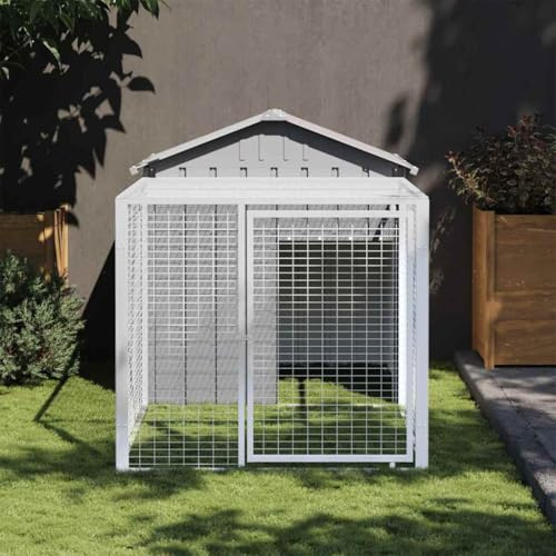 mzdioop Chicken Cage with Run in Light Grey 117 x 201 x 123 cm Galvanised Steel for Small Animals such as Chickens, Rabbits, Guinea Pigs and Hamsters, Weatherproof Housing with Door Grille and Roof