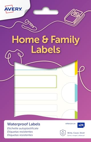 Avery Waterproof Name Labels – 24 Self-Laminating Stickers (86x17mm) – Pastel Colours – Dishwasher & Microwave Safe – School, Nursery, Bottles, Lunchboxes (APBAS24.UK)