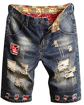 Tomwell Short en Jean Homme Pantalon Court Denim Casual Jean Déchiré Shorts Bermuda d’Eté Coupe Slim Pantalon Court Musculation Outdoor Pants avec Poches D Bleu M