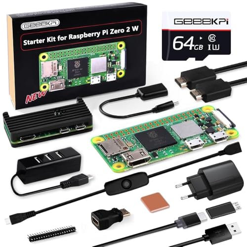 GeeekPi Starter Kit for Raspberry Pi Zero 2 W, with Zero 2 W Aluminum Case,64GB SD Card Preloaded OS,QC3.0 Power Supply,20 Pin Header,Micro USB to OTG Adapter,HDMI Cable,Heatsink,ON/Off Switch Cable