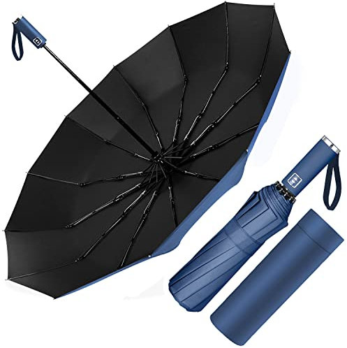 Poligono Regenschirm Sturmfest, Taschenschirm Automatisch Auf und Zu für Herren und Damen, kompakt, 12 Knochenschirm Groß, Durchmesser 105 cm (Blau)