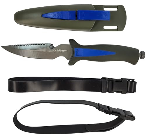 Aquatic Hunt - Dive Spearfish Freedive 9 (228mm) Stainless Steel Knife with Holster (Grey and Blue)