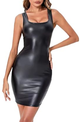 Pulcykp Damklänning i läder, ärmlös bodycon tank grimma mini glänsande läderklänning, Svart, 5XL