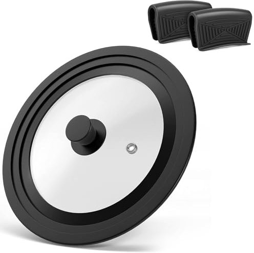 NVGVUP Universal Frying Pan Lid, Pan Lids with Heat Resistant Silicone Rim, Saucepan Lid with 2 Silicone Handles, Frying Pan Cover, Black Pot Lid Suitable for Cookers With a Diameter of 16/18/20 cm