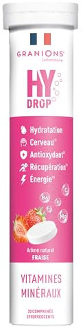 GRANIONS HYDROP - Pastilles Hydratation - Fraise - SANS SUCRES - Fabriqué en France - Electrolytes Hydratation - Vitamines, Minéraux, Magnesium - Pastille Hydratation - 20 Pastilles Effervescentes
