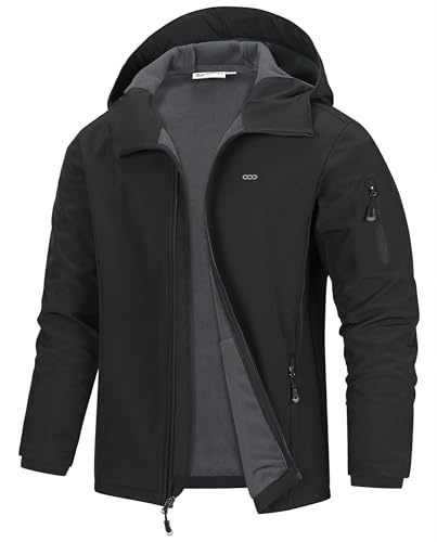 33,000ft Men's Waterproof Warm Softshell Jacket Lightweight Fleece Lining Jackets Hooded Rain Coat Windbreaker for Walking Hiking Black 4XL