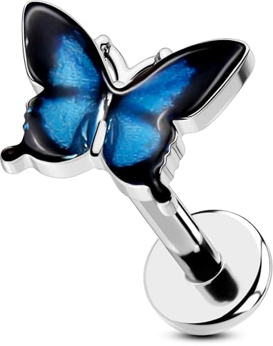 OUFER Butterfly Tragus Piercing Jewelry, 16G Flat Back Earrings Surgical Steel, Internal Thread Labret Lip Piercing Jewelry, 6MM Helix Cartilage Tragus Conch Healing Daith Earrings for Women Men-Blue