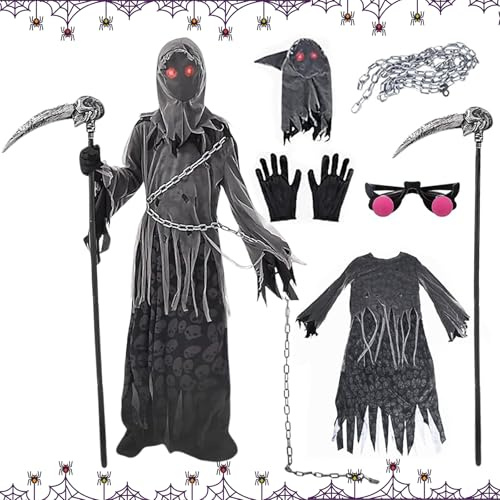 Shinybox Halloween Deguisement Faucheuse Enfant, Costume Faucheur Enfants avec Hache de la Mort, Gants, des Lunettes Lumineuses, Chaîne et un Masque, Costume de Cosplay de Carnaval d'Halloween(S)