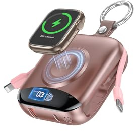 citicr Portable Charger 10000mAh w/Built-in Cables & iWatch Charger Rose