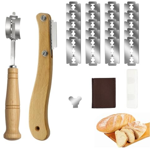 Bäckermesser 2er Set mit 20 Ersatzklingen - Teigmesser für Gerade & Geschwungene Schnitte,Brotbackzubehör zum Einschneiden von Baguette, Brötchen und Brot Backen Zubehör für DIY Brotteig Muster