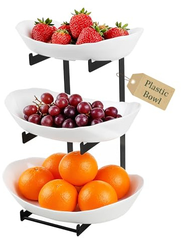 LIBWYS Corbeille à fruits à 3 étages en plastique - Corbeille à fruits à plusieurs niveaux avec support - Bol à fruits peu encombrant - Utilisable individuellement ou comme présentoir - Idéal pour la
