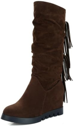 Botas Mujer Altas con Flecos Punta Redonda Cuña Empeine Ante Resistente Cómodas Slip On Elegantes Estilo Western Clásicas Casual Diario Fiesta Zapatos De Vestir,Marrón,39 EU