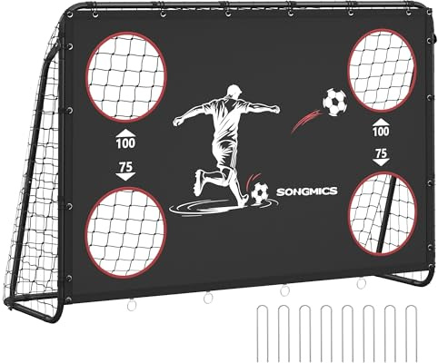 SONGMICS Portería de fútbol con Pared de Tiro, para Todas Las Edades, Tubos de Acero, Red de PE, jardín, Playa, 76 x 215 x 150 cm, 4 Orificios de Tiro, función de puntuación, Negro SZQ216RZ02