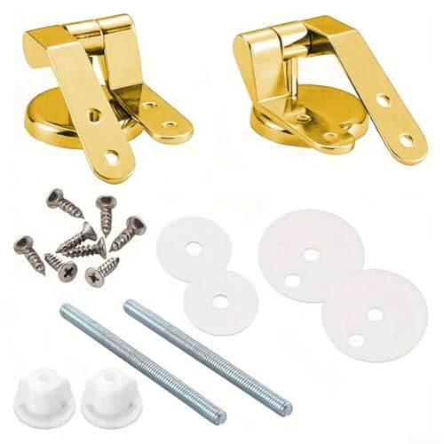 Glewi Set di 2 cerniere di ricambio dorate per sedile WC, con raccordi, cerniere in lega di zinco per riparazione del coperchio del WC, include dadi, viti, rondelle
