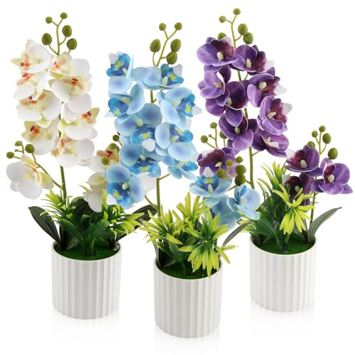 JINXIAN 3 Orquideas Artificiales de 35 cm Flores Artificiales en Maceta