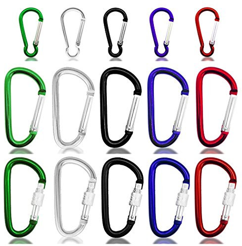 CNYMANY 15 pcs Locking and Nonlocking Carabiners Keychains, 1.9 3 Aluminum D-ring Screw Locking Clips Set and Unlocking Key Rings for Outdoor Camping Hiking