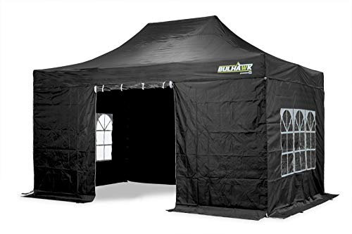 BULHAWK® 3M x 4.5M PREMIUM 32 COMMERCIAL GRADE, WATERPROOF, HEAVY DUTY POP UP GAZEBO MARKET STALL MARQUEE, INCLUDES 4 X 100% WATERPROOF SIDEWALLS AND CARRY BAG (3m x 4.5m Black including side panels)