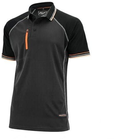 WrightFits Men’s Core Active Work Polo Shirt – 2-Tone Grey & Black Short Sleeve Outdoor Workwear Polo T Shirt, Breathable Polyester with Mesh Panels, Raglan Sleeve & Zipper Chest Pocket, Regular Fit