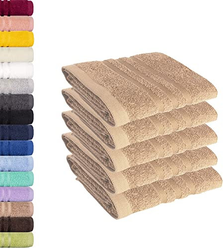 Lavea® 5er Set Gästehandtücher 30x50 cm – Weiche und Saugstarke Gästetücher aus 100% Baumwolle, Frottierserie Elena – Waschbar und Strapazierfähig - Cappuccino