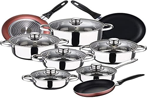 San Ignacio Bateria de cocina 12 piezas Cassel, acero inoxidable, con juego sartenes (16/20/24 cm) RENBERG Paradise en aluminio prensado