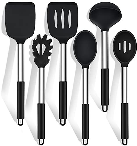 HaWare - Set di 6 utensili da cucina in silicone, con manico in acciaio inox, antiaderente, resistente al calore, facile da pulire e lavabile in lavastoviglie, colore: nero