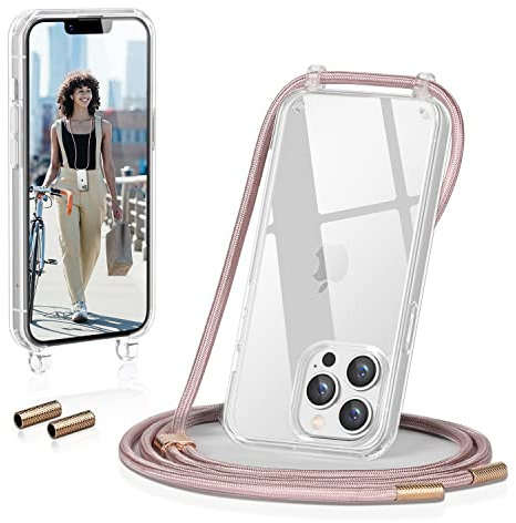 GOODVISH Handykette Kompatibel mit Apple iPhone 13 Pro 6,1 Display, Necklace Hülle mit Band Handyhülle für zum Umhängen, Transparent Case mit Schnur, Kameraschutz und Bildschirmschutz, Rosé Gold