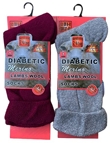 ZRWASKA® 2 Pairs Diabetic Socks For Womens Merino Wool Thermal socks Extra Warm Thick Non Elastic Soft Top Wide Elastic Walking, Hiking, (UK, Numeric, 4, 8, Regular, Regular, Assorted (2 Pairs))