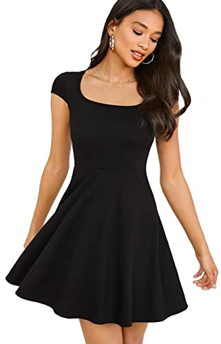 GORGLITTER Women's Scoop Neck Mini Dress with Short Cap Sleeve, High Waist, Ruffle Hem, A Line Swing Style - Summer Casual, Party, Travel, Black, S