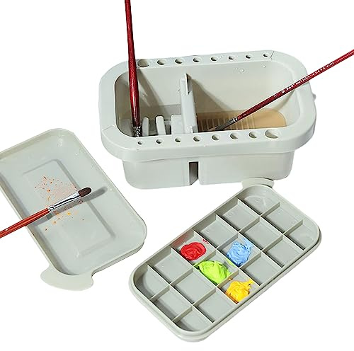 Omevett 3 in 1 Artist Paint Brush Washer Cleaner Pot Plastic Art Paint Brush Basin Multifunctional Paint Brush Tub with Lid Palette and 16 Hole Brush Holder for Oil Acrylic Watercolor Painting, Beige