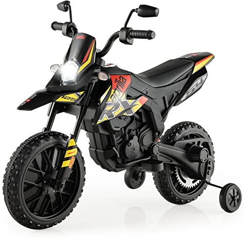 COSTWAY Aprilia Elektrisk motorcykel barn, 12 V barnmotorcykel med stödhjul och musik och strålkastare, 5,5–6 km/h, lämplig för barn från 3 till 8 år (svart)