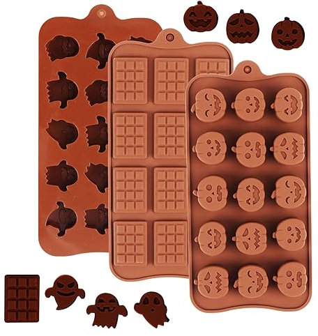 Moule à Chocolat Halloween en Silicone - Lot de 3 Moules à Bonbons Citrouille et Fantôme, 15 Cavités Antiadhésives pour Chocolats Maison, Pralines et Fondant