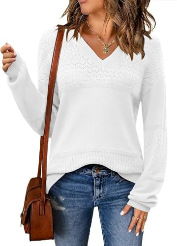 Zeagoo Jersey Mujer Invierno Manga Larga Elegante Suéter Otoño Cuello en V Pullover Sólido Sweater de Punto Hueco Blanco XL