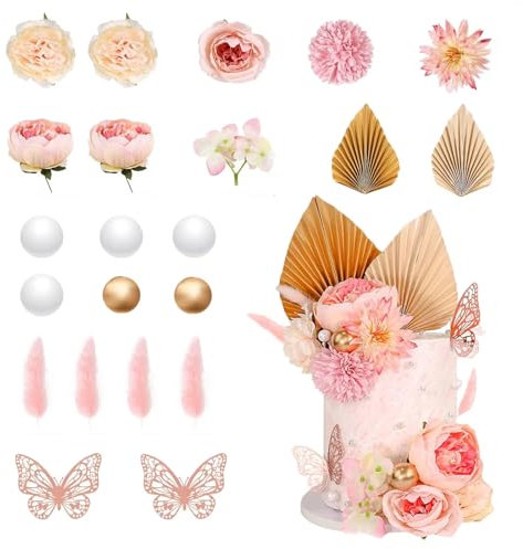 Lot de 22 décorations de gâteaux roses artificielles avec éventail de palmier en papier et papillon - Décoration de gâteau bohème pour anniversaire, mariage (rose)