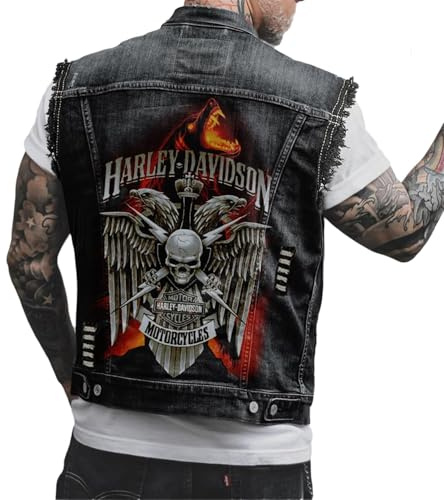 tinbarry Gilet En Jean Pour Hommes Gilet En Jean Sans Manches Veste En Jean De Loisirs Veste En Jean Imprimé Crâne Vintage Punk Manteau En Jean Mode Vêtements D'extérieur Avec Boutons