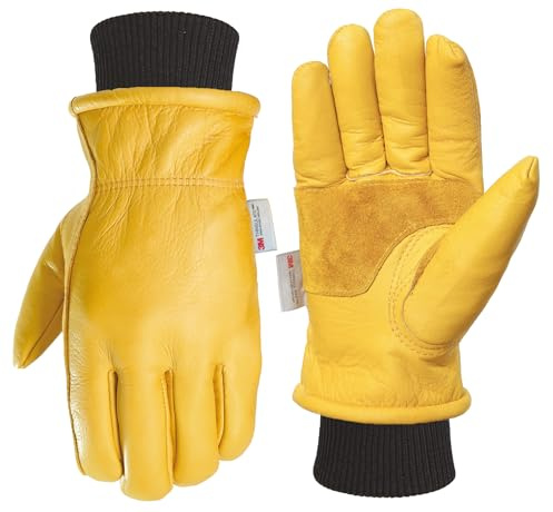 DLY Leder Arbeitshandschuhe Herren Winter Wasserdicht, 100% Vollrindleder mit Thinsulate Futter & Gerippte Bündchen für Windschutz, Thermo Sicherheitshandschuhe für Bau, Straßenarbeiten und Maschinen