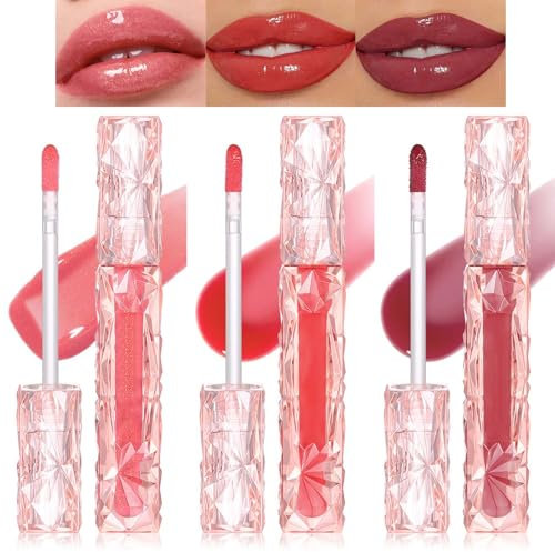 Lip Gloss Set, 3PCS Schimmer & Glanz Lipgloss, Langanhaltende & Wasserfest Flüssig Lippenstift für Lip Plumper, Feuchtigkeitsspendend Getönter Lippenbalsam für Voller Wirkende Lippen, Make Up Geschenk