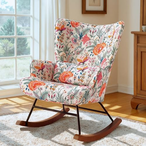 HomeMiYN Mecedora con cojín Lumbar, Estructura de Metal y Base de Madera, Silla de Lactancia, salón, diseño de Flores