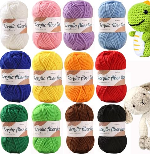 Yalixuan 12 x 25g Crochet Yarn Acrylic Yarn Knitting Wool Hand Knitting Yarns Crochet Kits Crochet Wool for Crochet Knitting and Crafts Multi-Color