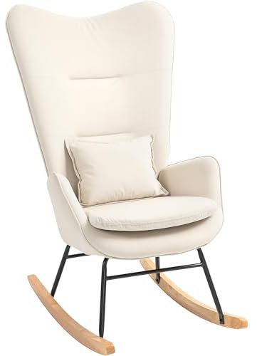 HOMCOM Schaukelstuhl Schwingsessel mit Kissen, hoher Rückenlehne Armlehnsessel mit Samtoptik, Stillsessel, Schaukelsessel bis 120 kg Belastbarkeit für Schlafzimmer, Wohnzimmer, Cremeweiß
