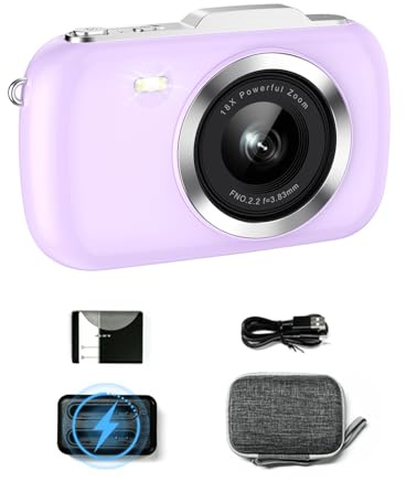 Ade 4K Digitalkamera, 64MP Autofokus Fotoapparat Digitalkamera mit 32GB Karte 18X Digitalzoom Tragbare Kamera Kompaktkamera für Einsteiger und Kinder, Ladestation, Kameratasche, Lila