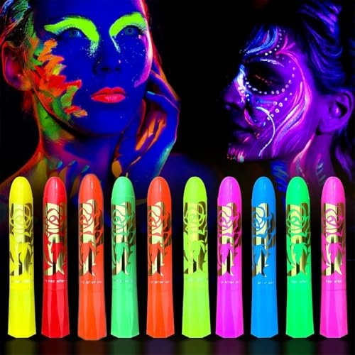 Pintura De Cara De Neón Brillante UV, 10 Ceras Fluorescente De Color De La Cara, Lavable No Tóxico Cera Lápiz UV Neón Para Rostro y Cuerpo, Para Halloween, Mardi Gras, Fiesta De Disfraces